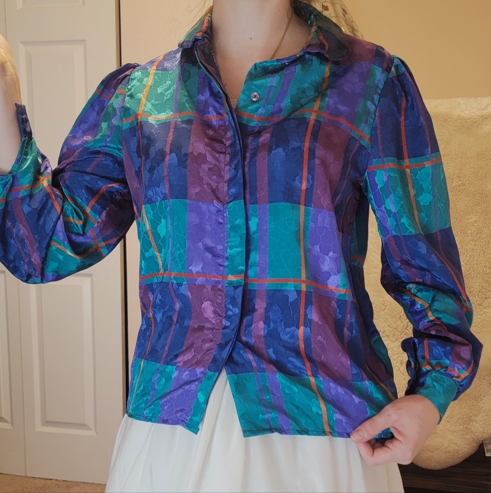 **Vintage Blue and Purple Plaid Button Down Blouse** - Picture 8 of 15